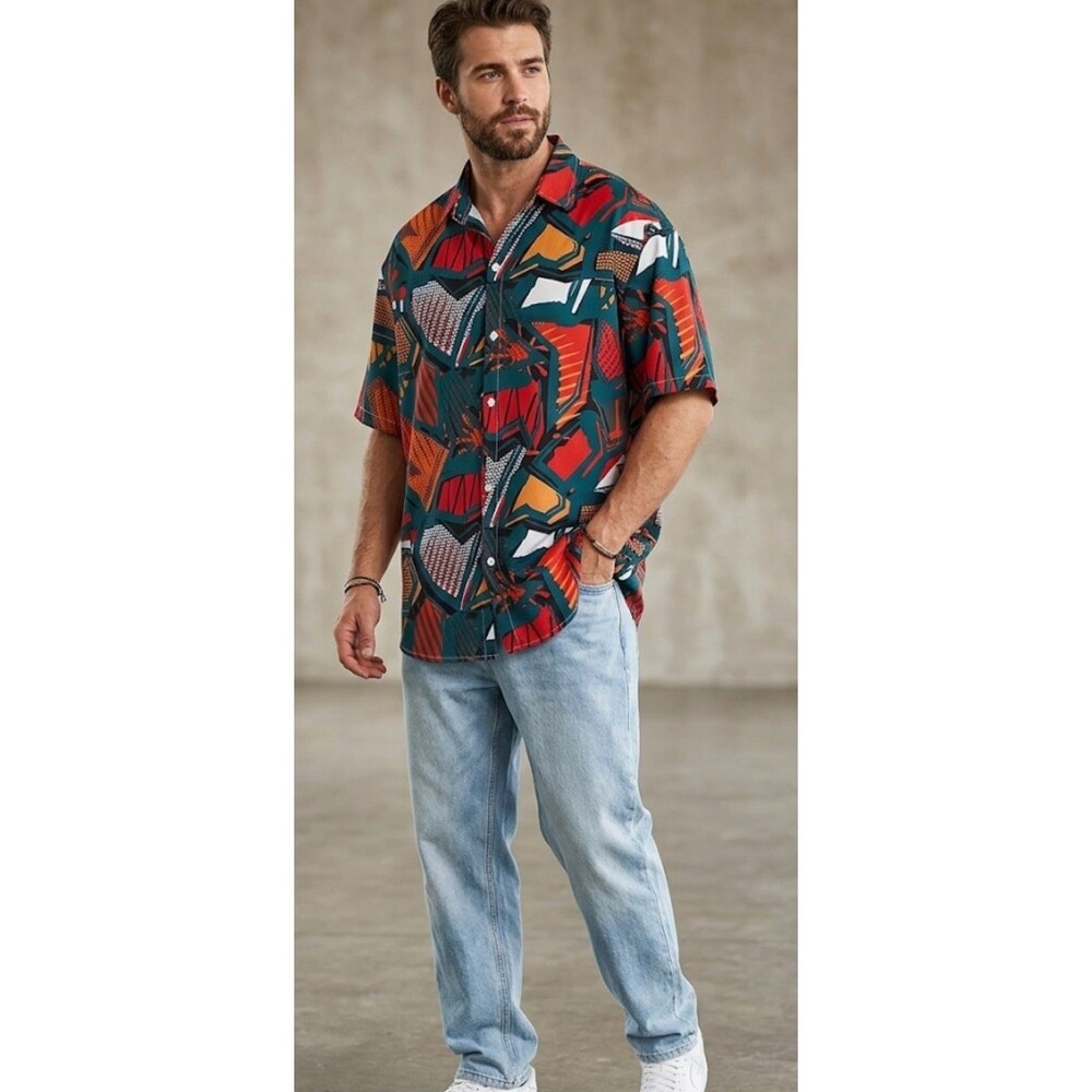 Retro 90s Style Multi-Color Graphic Short Sleeve Shirt - SHEIN Men's XL
